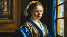 Beautiful young woman next to a window dressed in exquisite and satin clothing, thoughtful, clear detailed eyes focused and perfect, face well detailed and focused, in the style and colors of Johannes Vermeer, with attention to detail, to the color palette and to the use of the light to create depth and atmosphere to the image, intricate details, bright primary colors such as blue, yellow and white combined at the same time with ocher and brown colors, perfect studio light, 4K,