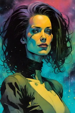 create an imaginative amorphous female interstellar cybernetic pirate with finely detailed facial features, short dreadlock hair, in a smokey alien bar, the comic book art style of Bill Sienkiewicz, Mike Mignola, and Jean Giraud Moebius, finely textured, drawn, colored, and inked