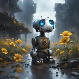 Cinematic 3D matte paint render; Create a post-apocalyptic scene; A Snoopy robot kneeling down in the rain to observe a yellow flower plant. The Snoopy robot is scratched and rusty, with intricate mechanical details and blue lights for eyes. Raindrops fall around it, creating a peaceful yet somber atmosphere. The background shows the ruins of a city filled with piles of metal trash. The robot’s gentle interaction with the flower evokes curiosity and tenderness.