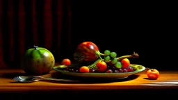 Grapes. Dishes. Oranges. Wood table.