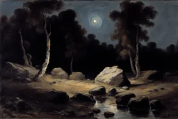 Night, rocks, trees, begginer's landscape, friedrich eckenfelder and willem maris impressionism paintings