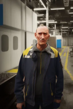 sad man in factory Simon Stalenhag cartoon style