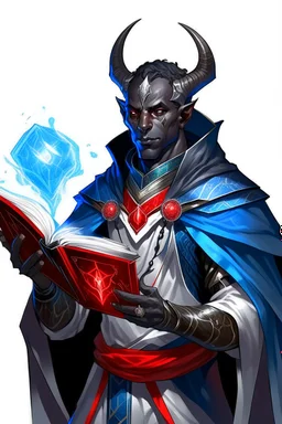 En Young male black skin tiefling fra dnd holding a book with Arcane Magic in a silver and White Rope and a silver cloak. His horn a perfectly place on acet from the front to the back pointing upwards with glowing Red cat Eyes glowing Blue Arcane Magic around them ice crystals flowing around him. His close is elegant get simple. A ad