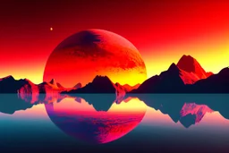 Exoplanet in red horizon, mountains, and sea