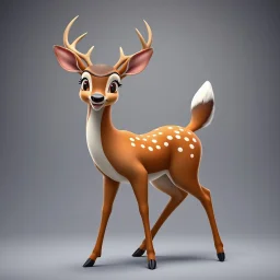 full body of an adult bald white tail deer, standing, halted with chest out, proud pose, with big smile, big surprised eyes, tail upward, on flat background, in the style of 'My Little Pony' and Bambi, fantastic lighting