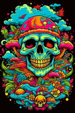Psychedelic monkey skull looking high and grinning, surrounded by clouds and overgrown with psychedelic mushrooms. Birds flying around the skull. Digital drawing. Colorful. t-shirt design. Cartoon. Digital cartoon. Mid detailed. Super happy. Cheerful. Light hearted. Colorful. Vibrant colours.