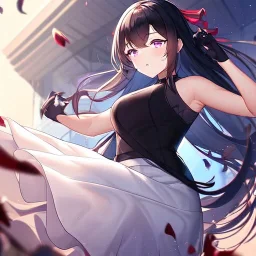 Clear focus,High resolution,High quality,Black sleeveless shirt, White Jacket that is falling off, Red ribbon in the back, Wearing a white skirt, Black gloves, Black long hair, Purple eyes, Dodging Pose