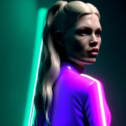 young kate moss, blonde replicant woman, blade runner style, rain, fog, neon ambient, gradient color, clean skin, circuits, latex coat, cyber punk, neon, tubes, portrait, studio photo, unreal engine 5, smooth color, 16 bit, god lights, ray tracing, RTX, lumen lighting, ultra deatail, volumetric lighting, 3d, finely drawn, hd.