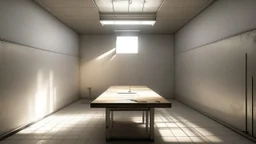 Square room with beige walls, low flat ceiling, fluorescent tube lighting casting harsh white light, small rectangular wooden table positioned at exact center, no chairs or other furniture, empty space surrounding the table, dust particles visible in the light beams, cold industrial atmosphere, floor made of gray concrete tiles with slight scuff marks, ceiling-mounted ventilation grate slightly off-center, electrical outlets visible at regular intervals along baseboards, viewing angle from mid-h