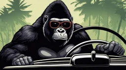 Gorilla wearing thick glasses driving a car. Illustration in the style of Ed Roth.