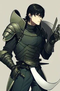 Male version of Motoko Kusanagi from "Ghost In The Shell (1995)", knight in steel plate armour, long black hair, pretty face, dignified, alone