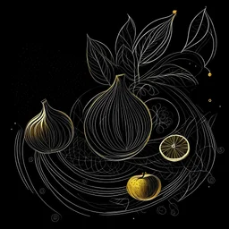 un dibujo solo lineal sobre fondo negro, frutas en color blanco y color dorado