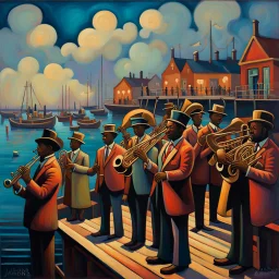 Vivid color oil painting of a brass band standing on the pier in front of a small fishing harbor, orchestra, jazz club 1 9 3 0 seconds, band playing instruments, musician, musicians, band, musicians playing instruments, the last orchestra, conductor, by Aaron Douglas , Jazz Quintet, by Carey Morris, band player, concert, by Baron Storey, entertainer, by Jasper Knudsen, silhouettes