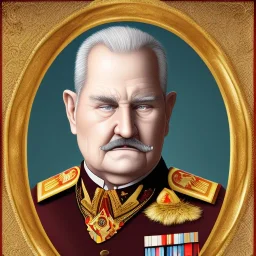 An obese elderly general in military attire. He's balding, has a cigar in his mouth, and has wrinkles. He has a thick moustache and large glasses