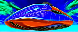 award winning car and driver photograph of a futuristic station wagon dirigible hybrid designed by only one vehicle per image painted metallic orange traveling at a high rate of speed, jet intake off of front center of vehicle and jet exhaust out the rear with bright blue flame, bilaterally symetrical, more a high speed road vehicle