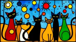 a playful abstract stained glass window in the style of Joan Miró, featuring six minimalist cats made of bold black lines and simplified organic shapes. The composition includes floating eyes, moons, dots, and stars in primary colors — red, yellow, blue — mixed with bright green and black. Each cat is reduced to essential forms: circles, curves, sharp ears, long tails, integrated into a colorful, free-flowing pattern. The stained glass has a modern, light-hearted energy, filled with whimsical sy