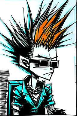 2d drawing of a stickman, cool with punk hair, x eyes like in hangman, sideview of him sitting in a car, arm slightly lifted and resting on door