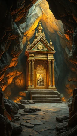 Bosch painting style , An amazing temple with a great religious golden status all around in un underground cave with dim lights