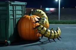 anthropomorphic giant pumpkin centipede hybrid hiding behind dumpster in a Wal-Mart parking lot at night, horror, found footage, cctv, low contrast, creepy