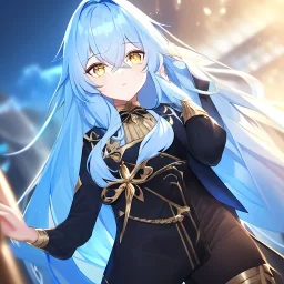 Clear focus, High resolution, Long light blue fluffy hair, hair between eyes, yellow eyes, wearing black fabric shorts, detailed outfit, blue and black outfit, gold accessory