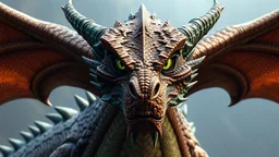 create a front faced whole body image of Vhagar the dragon from House of Dragons, intimidating old ancient looking dragon, scale color is bronze with greenish blue highlights and bright green eyes Powerful fantasy high quality,