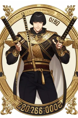 A handsome 30 year old knight, black hair, male bob haircut, in black-and-gold plate armor, golden katana in both hands, no beard, european, proper arms