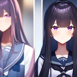 Clear focus,High resolution,8k, Black long straight hair, Long bangs, and purple eyes, wearing a sailor uniform, Extreme Close up