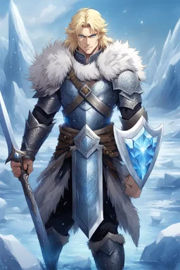 1 anime man. warrior, with blue eyes and blonde hair man in silver Viking armor with fur around the neck with blue crystal on his chest, standing in water in the artic, holding a ice sword and shield, warrior in, anime style