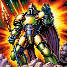 heroic fantasy galactic paladin holding mace wearing barbuta helmet 90's tcg art 90's tcg art