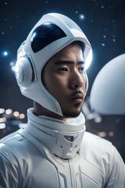 an indonesian man with white futuristic clothing looking intently at the night sky