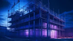 technological dingy factory with exposed scaffolding and wires, matte painting background dull blue purple colors.. ambient moody lighting. spacious background