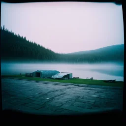 A polaroid photo of an odd room with structures. A transparent tarpaulin covers an image. There is a group of fir trees in the background and a high hill in the distance. A lake. The surface below is in a pastel color. Fog is present.