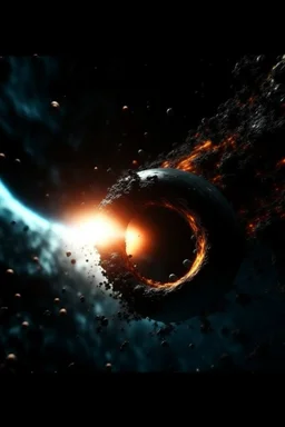 A space ship coming out an Intense worm Hole explosion in deep space. Wormhole apocalypse wipes out Universe. Worm-hole collision explodes in outer space. Epic galaxy with growing black hole. Cinematic interstellar