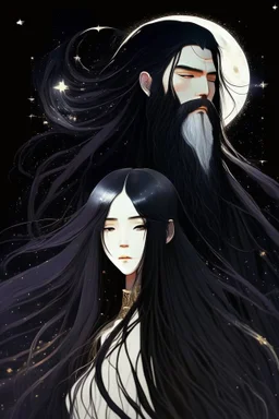 Celestial anime woman, long black hair, with bearded man