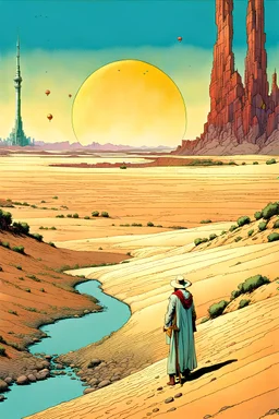 create a surreal, enigmatic, otherworldly, paradoxical, nomadic herdsman inhabiting an ethereal desert realm, in the comic book style of Jean Giraud Moebius, precisely drawn, inked, and colored