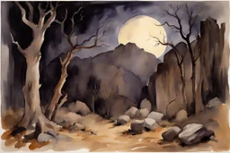 Night, mountains, rocks, dry trees, gothic horror films influence, john singer sargent watercolor paintings