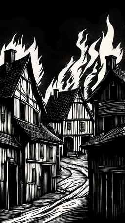 noir, atmospheric, shadows, cinematic, Black and white drawing, Fire in medieval village, wooden houses on fire, a view from afar, somber tones, high quality, suspenseful, menacing.