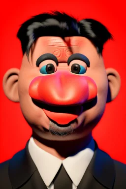 Waist up muppet Portrait, Kim Jong-un muppet doll, black suit, photo studio, red background, unreal engine 5, concept art, art station, god lights, ray tracing,, lumen lighting, ultra detail, volumetric lighting, 3d.