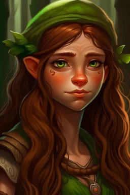 Gnom, braune lange wilde Haare, große, auffällig dicker Nase, grüne Augen, sehr jung (etwa zwanzig Jahre) , Druide, gebräunte Haut, Zeichen im Gesicht, keine Falten im Gesicht, etwas dicker