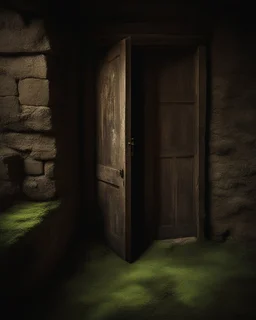 An ancient, weathered door stands in an abandoned house, shrouded in deep, engulfing darkness. The walls are rough and covered in moss and dust, with wooden beams crumbling and floors uneven. The faint light coming from a small particle of the philosopher's stone, placed mysteriously near the door, emits a warm, surreal glow, contrasting with the surrounding darkness. The stone’s light weakly illuminates the nearby area, casting long, eerie shadows. The atmosphere is thick with mystery and tensi