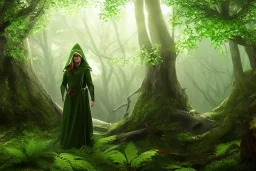 green robed blindfolded elf in forest hiding behind a tree, highly detailed, 8k, atmospheric lighting, trending on artstation