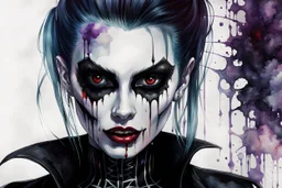 oil with watercolor underpainting of a graphic novel style dark goth punk female vampire , with highly detailed facial features , with a fine art aesthetic, highly detailed , realistic , 4k UHD cinegraphic quality