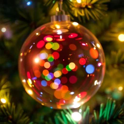 double exposure art of a colorful christmas night lit up with lights inside of a circular christmas ornament on a tree