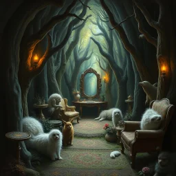 in the magical mirror forest we get a strange portrait of a living room, and you enter the strangest bubble doorway to weird dimension and the aura of its heavenly fluffy elevated messed up woodland and ad & d monster creatures flock painted by Nerdrum and Rembrandt