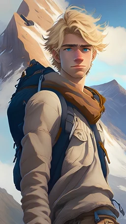 anime image of a blonde-haired, handsome-looking, beautiful-eyed man standing on the top of a mountain, face facing the camera with a backpack, CGI graphic image output, greg Rutkowski style