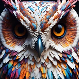 beautiful owl, colorful Liquid white paint splash, Splatter Art, smooth, fit, slim, bjd, abs, hot, masterpiece, best quality, Extremely intricate realistic detailed beautiful skin eyes face background pose, attractive hyperrealistic, sharp focus, highly detailed, intricate artwork masterpiece, volumetric lighting