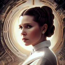 low angle beautiful half-body-portrait photo of princess leia from Star Wars played by Carrie Fisher, in the style of horizon zero dawn wlop, artgerm, akihiko yoshida, and liang xing, detailed face, doe eyes, intricate hair style, symmetrical eyes, trending on artstation, highly detailed, white dress, dynamic pose, intricate outfit, futuristic weapon, space ship and galaxy background