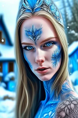 holographic simulation, beautiful xenobiotic alien man demon, scandinavian black tattoo on the body, super detailed face, blue eyes, against the backdrop of old dzherevyanny houses in the winter forest, falling snow in winter, professional photo, 4k, high resolution, high detail, close-up, octane, body art, patterns, lavender color, silver wire, artistic elven fantasy, filigree, dark botany, ultra detail, dark botany, photorealistic image