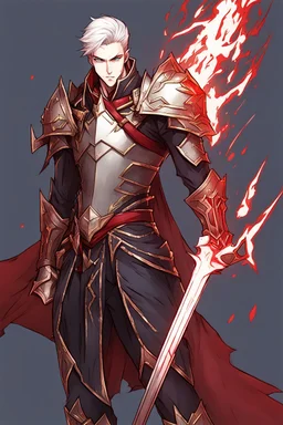 Armored Male Blood Knight Elf by manhwa or korean webtoon style there are lightning and blood spurts around the man, his face pointed at the camera, and with a serious look he lets his opponent know that it's his turn