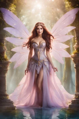 Gorgeous Photography Beautiful Lady fairy with wings straddle,background wonderland, panoramic shot ,portrait, epic fantasy